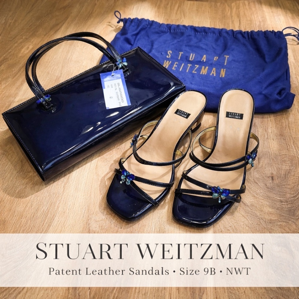 Stuart Weitzman Patent Leather Sandals Navy Size 9B NWT